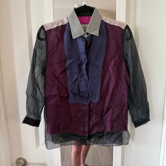 Women's Colorblock Button Up Crinckle Blouse Size 40 Color Black Pink - Picture 1 of 5
